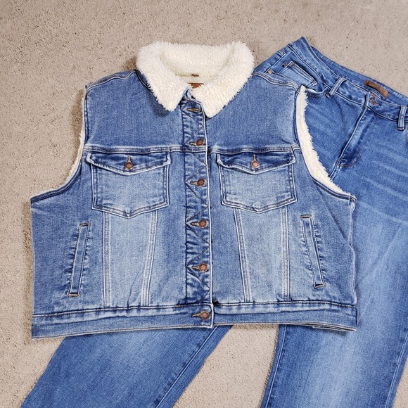 Judy Blue Jeans & Denim Vest Set XL 16W High Waist Sherpa Lined Shearling Cuff - Picture 3 of 16